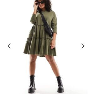 ASOS In Other Words River Island Long sleeve Tiered Mini Dress Khaki Green US10